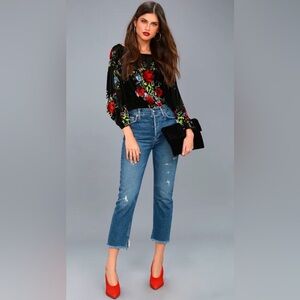 Free People Intimately Babe Slouchy Black Velvet Floral Blouson Bodysuit Whimsy